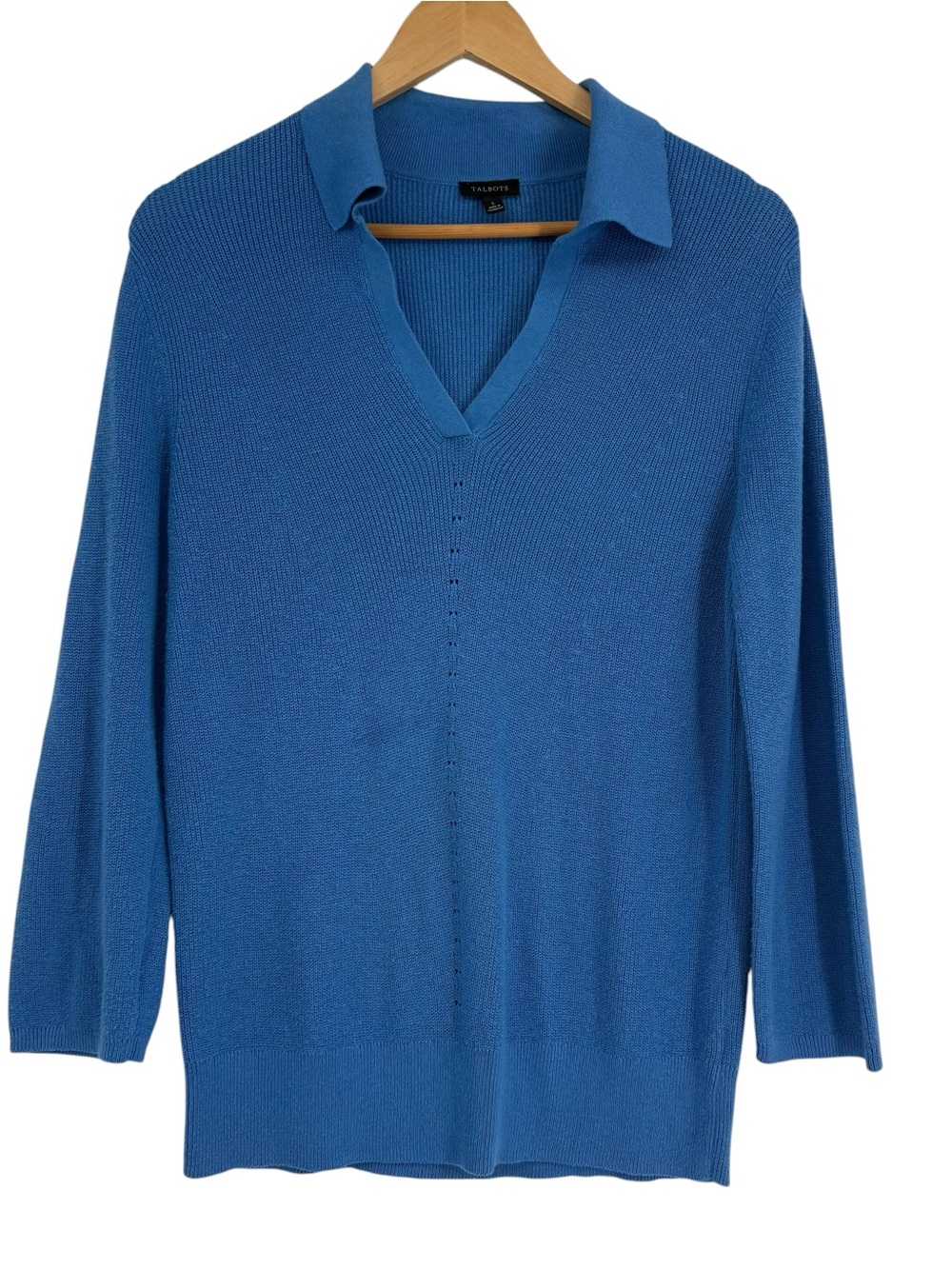 Talbots Womens Blue Ribbed Johnny Collar V-Neck 3/4 Sleeve Sweater Size Large
